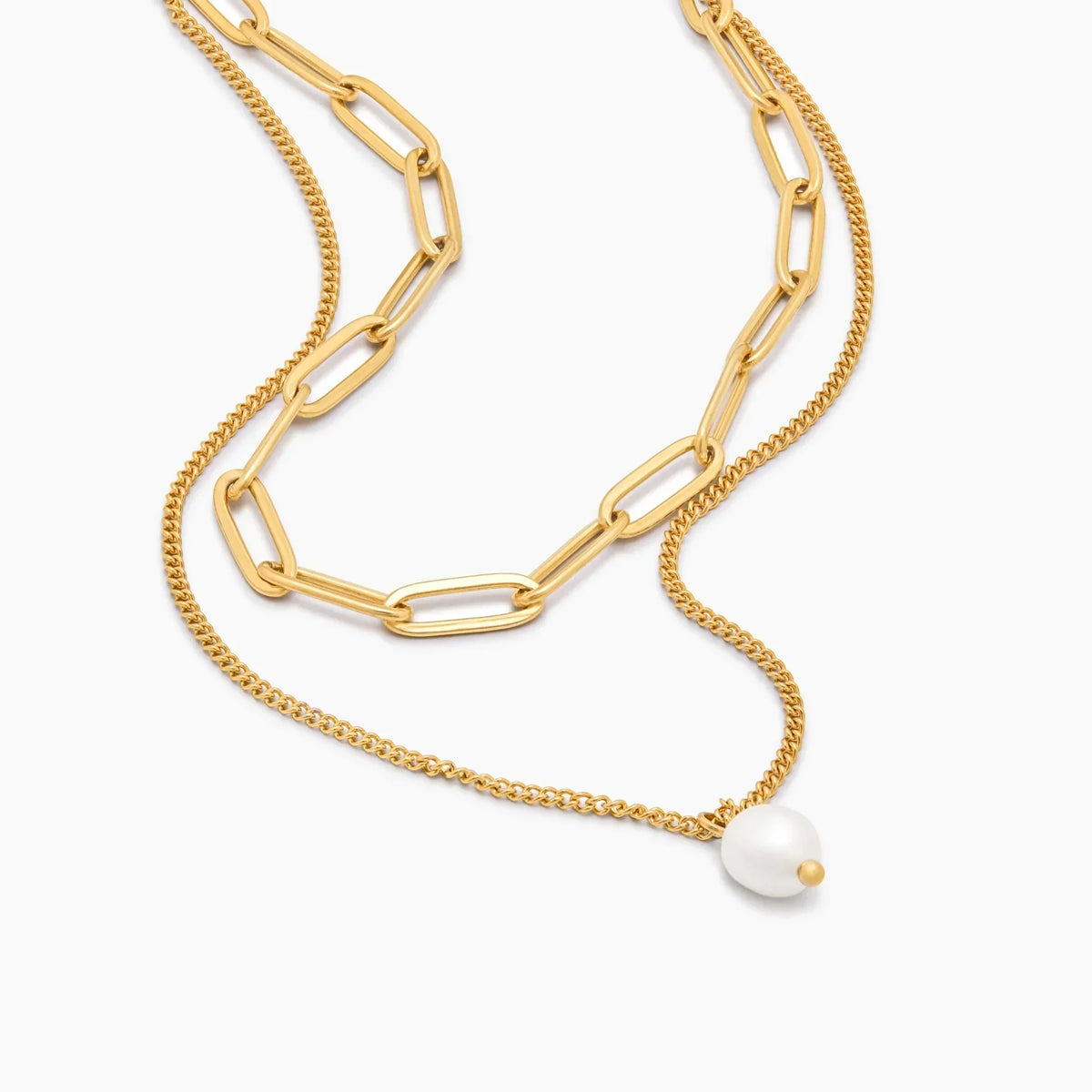 Paperclip & Pearl Drop Layered Necklace
