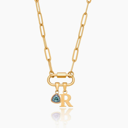 carabiner-charm-lock-necklace-with-initial-birthstone — Gold / Mar-Aquamarine
