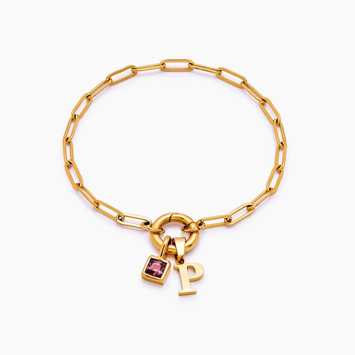 paperclip-initial-birthstone-bracelet — Gold / Jan-Garnet