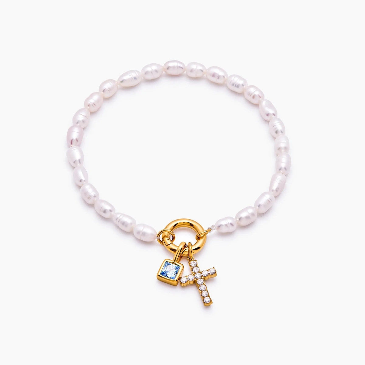 pearl-birthstone-cross-charm-bracelet — Gold / Sep-Sapphire