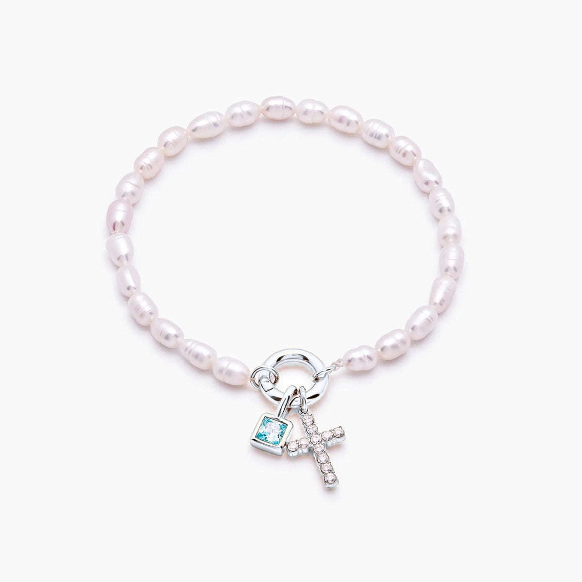 pearl-birthstone-cross-charm-bracelet — Silver / Mar-Aquamarine