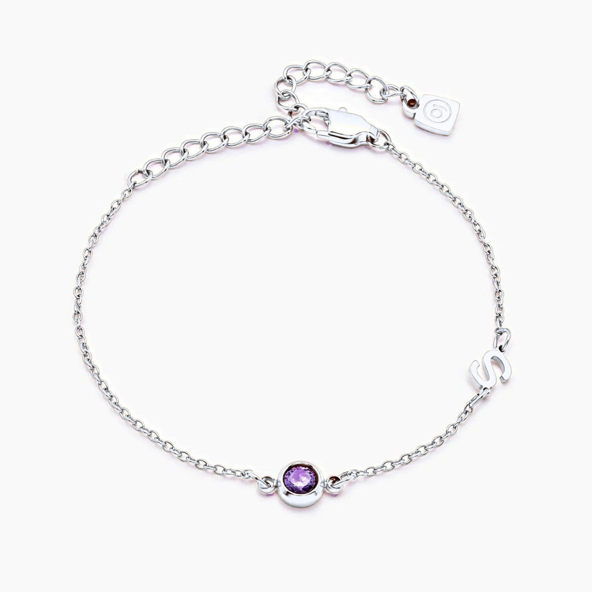 side-set-initial-birthstone-bracelet — Silver / Feb-Amethyst