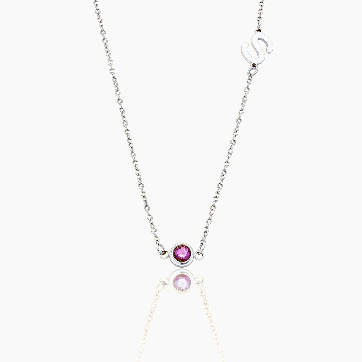 side-set-initial-birthstone-necklace — Silver / July-Ruby