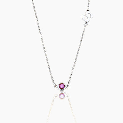 side-set-initial-birthstone-necklace — Silver / July-Ruby