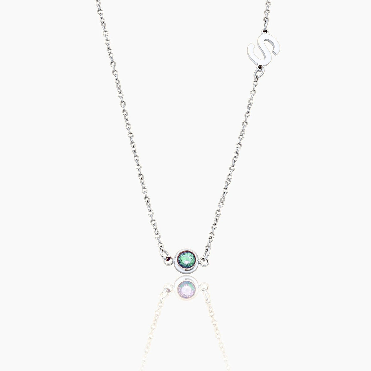 side-set-initial-birthstone-necklace — Silver / Mar-Aquamarine
